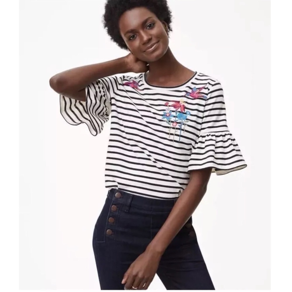 LOFT Humming Bird Floral Embroidered Ruffle Top